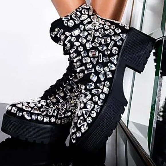 Akira Azalea Wang Tryna Black Lace-up Crystallized Gems Bootie 7 - Picture 2 of 13